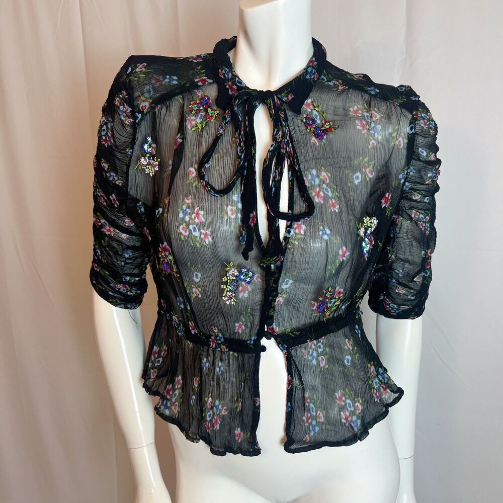 Free People Buttercup Black Floral Beaded Embroidered Keyhole Blouse Size S - Picture 2 of 8